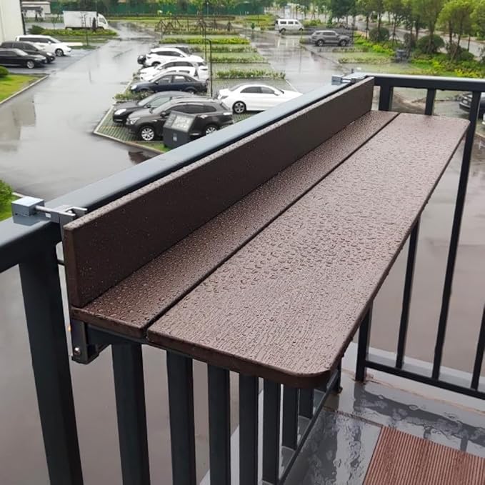 Balcony Railing Table, Heavy-Duty Adjustable Outdoor Tray with Quick Clamp – No Drill Industrial Metal Desk for Railings, Weatherproof Foldable Bar Table for Patio, Deck, Plants & Drinks(31.5''L)