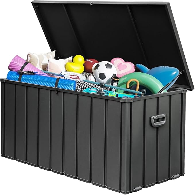Domi 160Gallon Deck Box, Metal Outdoor Storage Box with Lock Wheels, Waterproof Outside Storage Box for Patio Cushions