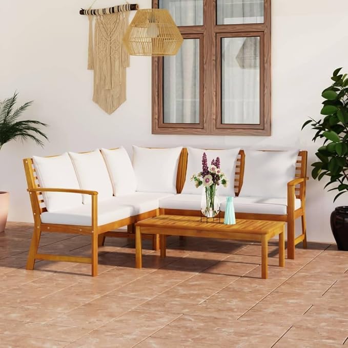 Backyard Furniture Patio Conversation Sets Outdoor Seating 4 Piece Patio Lounge Set with Cushion Cream Solid Acacia Wood Suitable for Swimming Pool, Courtyard, Garden