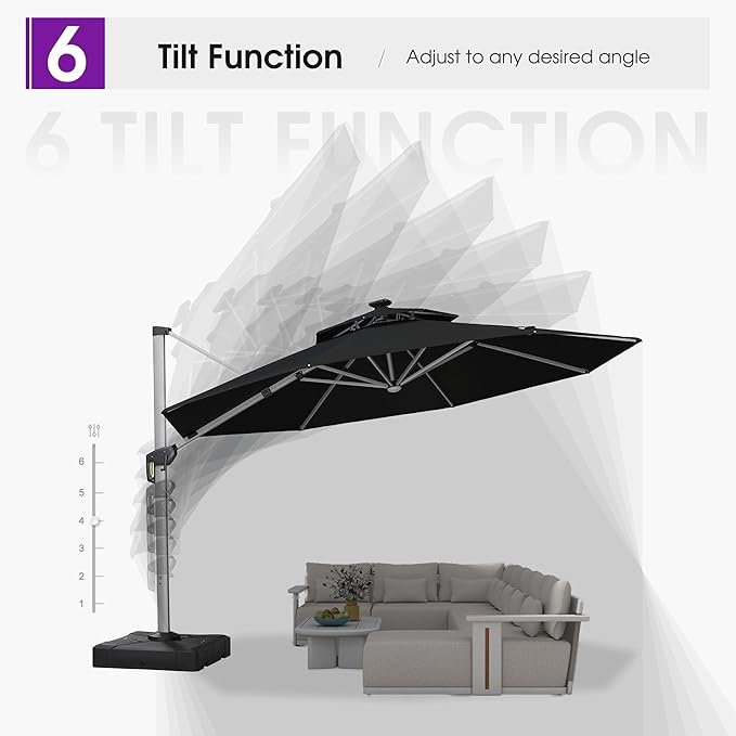 PURPLE LEAF Cantilever Umbrella with Base 13ft Outdoor Round Patio Solar Powered LED Umbrella with 360-degree Rotation for Garden Deck Pool Patio, Black