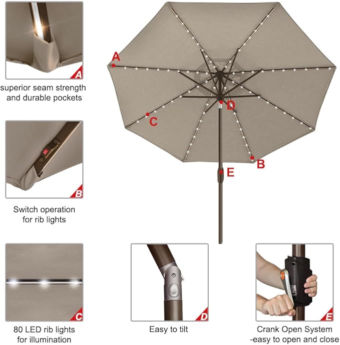 EliteShade USA 10-Year-Non-Fading 9ft Market Patio Umbrella, Commercial Grade Table Sun Umbrella with 80 Solar LED Lights, Crank Open, Windproof & UPF 50+ UV Protection for Garden, Deck, Pool, Backyard, Mushroom