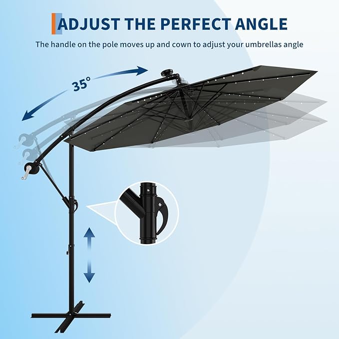 Garvee 10FT Solar Lights Offset Patio Umbrella with Cross Base, Cantilever Umbrella with Easy Lift & Tilt Adjustment, 8 Ribs Sun umbrella UV Protection for Backyard, Pool, Garden, Gray