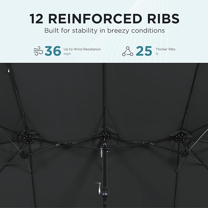 15FT Extra Large Patio Umbrella with Base Included, Heavy Duty Rectangle Outdoor Market Umbrella with 12 Strong Ribs for Patio, Garden, Lawn, Deck & Pool