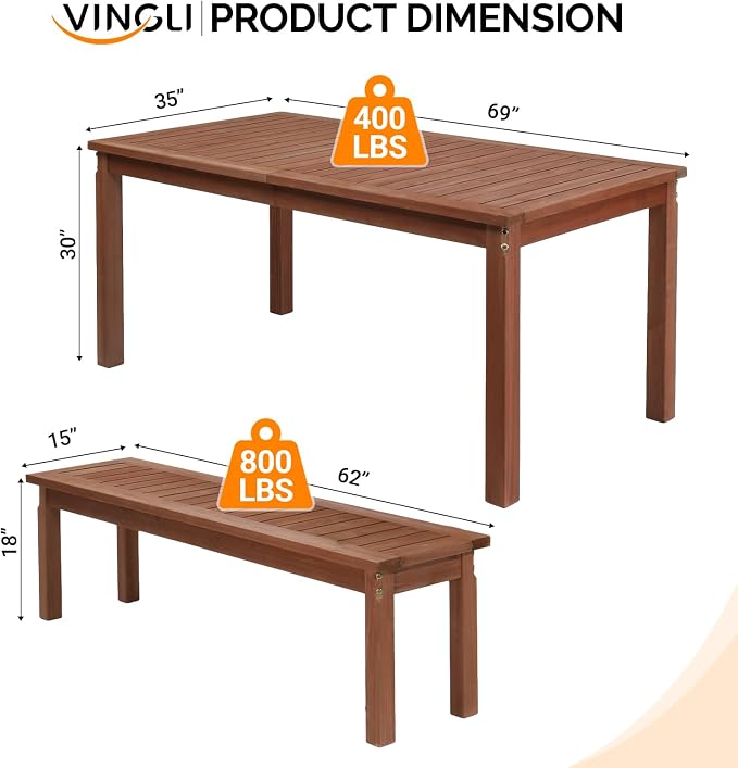 VINGLI 3-Piece Outdoor Dining Set, 69" Rectangular Wood Patio Table with 2 Benches, All-Weather Brown Fir Patio Furniture Set for Garden, Backyard, Lawn, Deck
