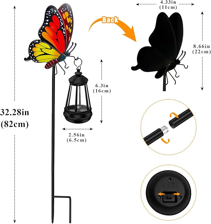 ZFNN Solar Garden Decor Lights Outdoor Waterproof, Metal Butterfly Stakes with Solar Lanterns, Decorative Yard Art for Outside Patio Lawn Ornaments, Gifts for Women Mom（2Pack）