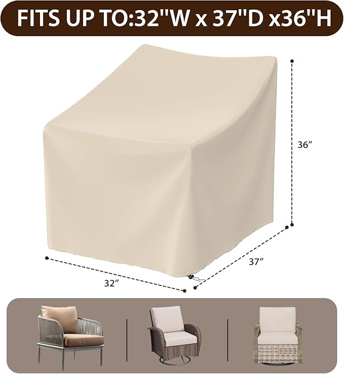 Patio Chair Cover Patio Furniture Covers Waterproof Outdoor Lawn Chair Covers 600D Heavy Duty Oxford Cloth (Khaki, 32"W x 37"D x 36"H-2Pack)