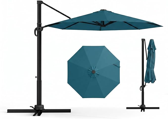 11 FT Round Cantilever Umbrella,Easy Tilt, Fade Resistant & 360° Rotation, Offset for Pool Deck Backyard Patiolake blue (Base not Included)