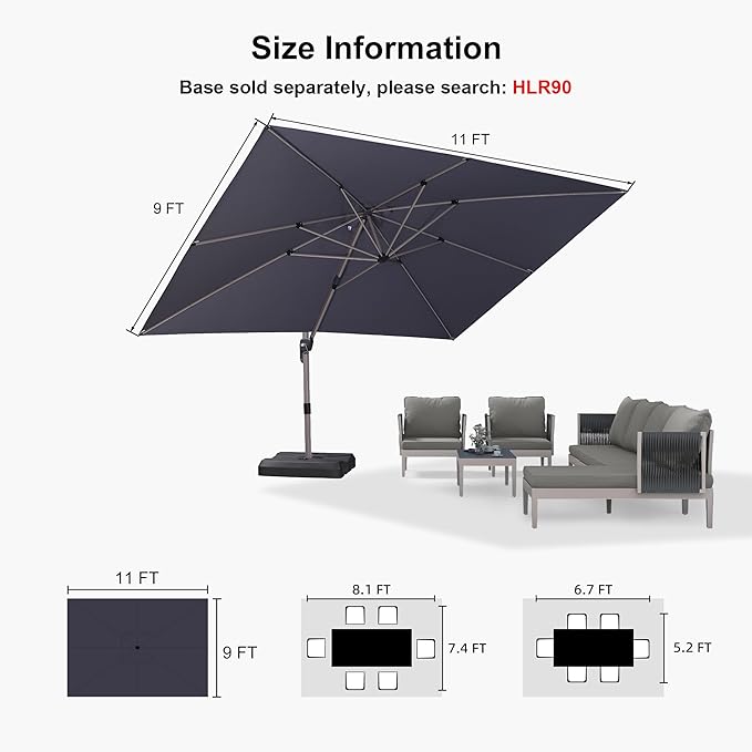 PURPLE LEAF 9' X 11' Patio Umbrella, Rectangle Outdoor Cantilever Umbrella, Aluminum Offset Umbrella with Champagne Frame and 360° Rotation for Pool Deck Garden, Light Grey