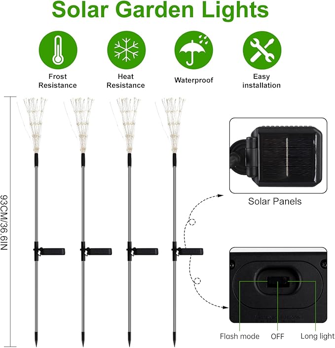 PXBNIUYA 4 Pcs Solar Garden Light Outdoor,175 LED Solar Firework Lights for Yard, 2 Modes IP67 Waterproof Copper Wire DIY Decorative Light, Starburst Lights for Party Patio（Warm White）