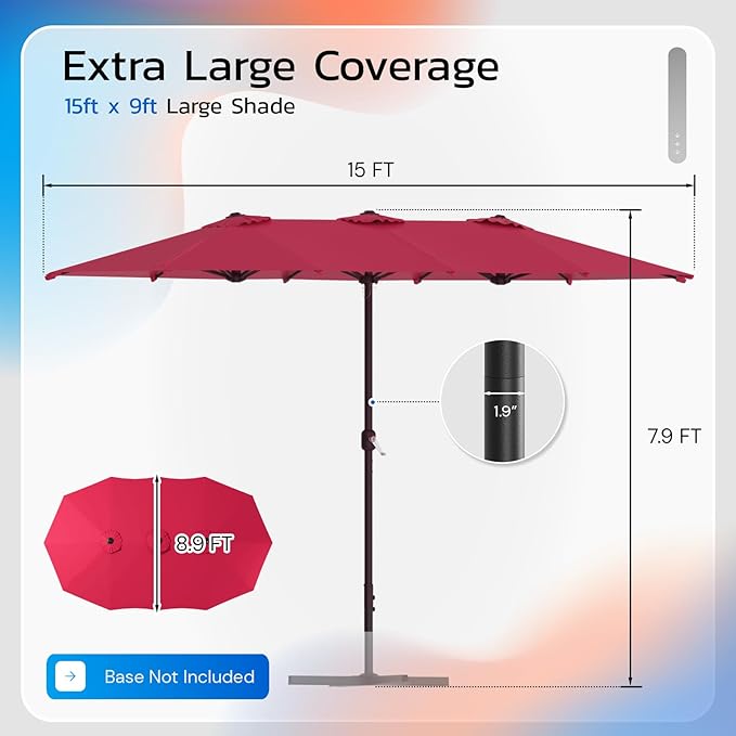 AECOJOY 15x9ft Large Patio Umbrella, Outdoor Double-Sided Rectangle Umbrella with Crank Handle, Market Umbrella for Deck Pool Patio Garden(1.9" Pole, Red)