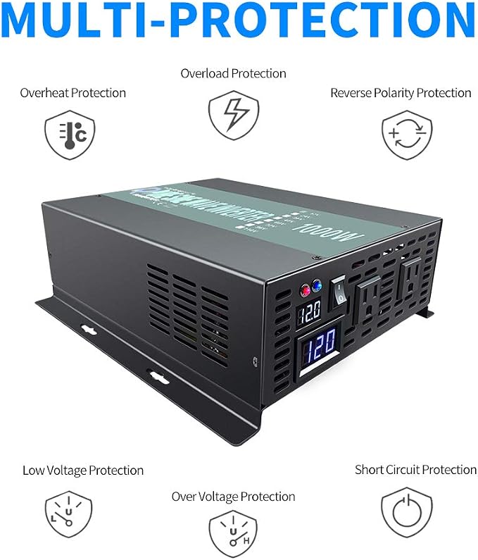 WZRELB Full Power 1000W Rated Power 2KW Surge Power 12V to 120V DC to AC Pure Sine Wave Inverter for Solar System and Off Grid Application Power Converter, (RBP100012B1)