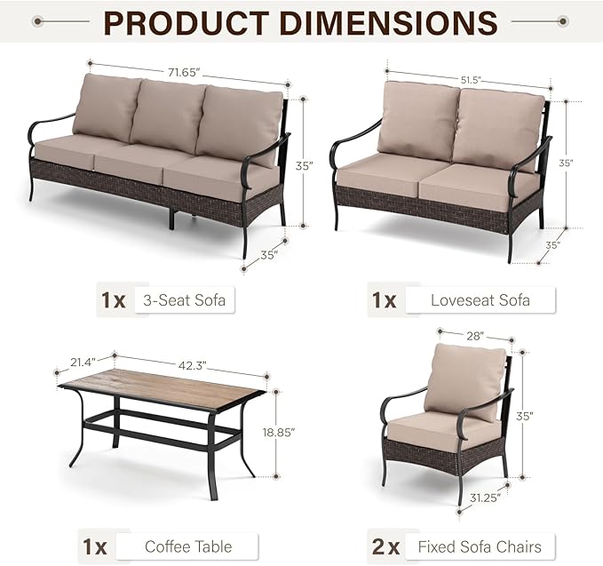 GREEN PARTY Extra Large Outdoor Patio Furniture Set 5 Pieces for 7, Modern Metal Patio Conversation Sets with High Back 3-Seat Sofa & Loveseat Sofa, 2 Fixed Chairs, 1 Coffee Table