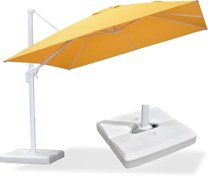 PURPLE LEAF 10 FT Patio Umbrella With Base White Cantilever Umbrella Square Outdoor Offset Umbrella Windproof with 360° Rotation for Garden Deck Pool, Yellow