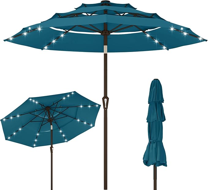Kingdura 10ft 3-Tier Patio Umbrella with Solar Lights, Table Umbrella Outdoor Patio with Easy Crank & Tilt, 8 Sturdy Ribs, UV Protection, 32 LED Lights for Deck, Poolside, Market (Lake blue)