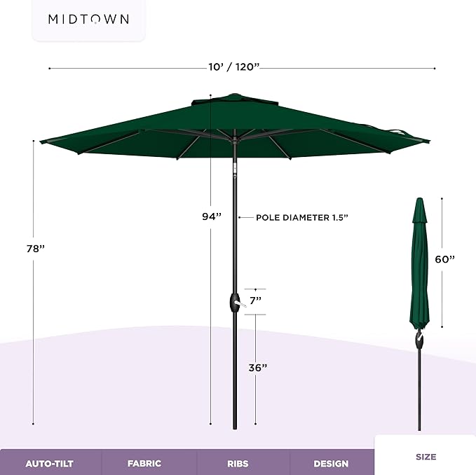 Midtown Umbrellas - The Lean 10 Ft Patio Umbrella with Fade-Resistant Sunbrella Fabric, Auto-Tilt Aluminum Frame and 8 Reinforced Ribs for Deck, Pool & Garden - Forest Green Canopy, Black Pole