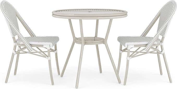 Martha Stewart Lily Pond 31” Round Indoor-Outdoor Bistro Dining Table with Aluminum Frame in Gray Woodgrain and Rattan Top in White/Gray with Tempered Glass Top