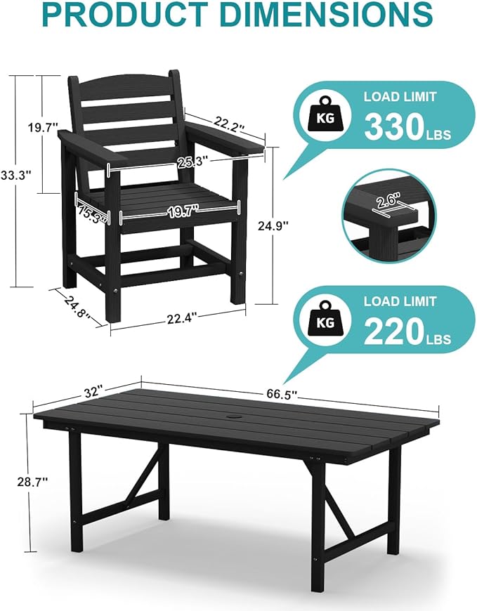 PLUUV Outdoor Patio Dining Set for 6, 66" HDPE Table with Umbrella Hole Cut-Out & 6 Chairs, Wood-Like Texture, All-Weather Furniture for Backyard, Garden, Porch, Black