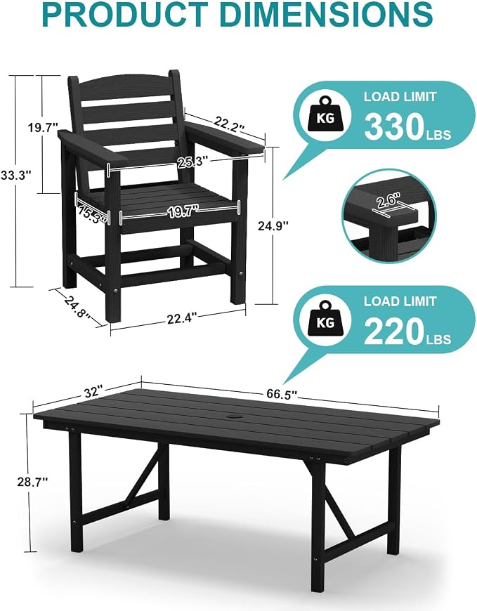 PLUUV 66" Outdoor Dining Table, All-Weather HDPE Rectangular Patio Table with 2” Umbrella Hole, Weatherproof, Black