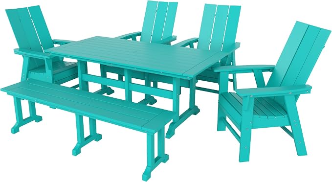 WestinTrends Ashore 6 Pieces Adirondack Patio Dining Set with Bench, All Weather Poly Lumber Slatted Outdoor Furniture Set, 71" Trestle Table and 4 Adirondack Chair and Outdoor Bench, Turquoise