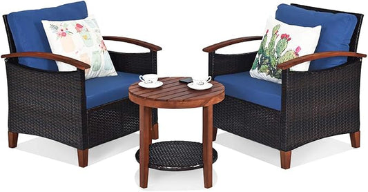 HAPPYGRILL 3 Pieces Rattan Furniture Set Outdoor Patio Conversation Set Wicker Sofa Set with Cushion & Acacia Wood Frame, Table & Chairs Set for Garden Poolside Balcony