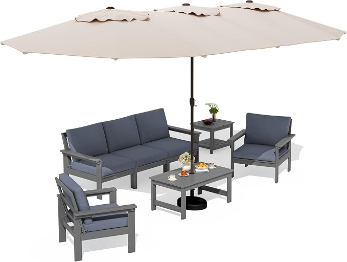 SERWALL HDPE Outdoor Couch with Coffee Table & Side Table & 15FT Umbrella