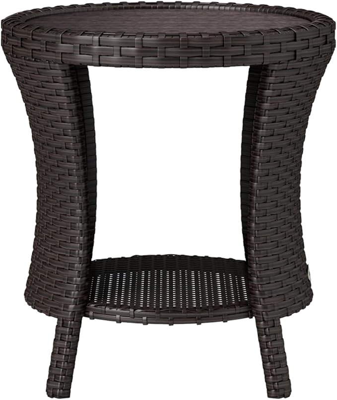 Outdoor Wicker Side Table Hourglass Shape Rattan Patio Table with Storage Shelf, All-Weather for Outside Patio, Porch, Garden, Brown