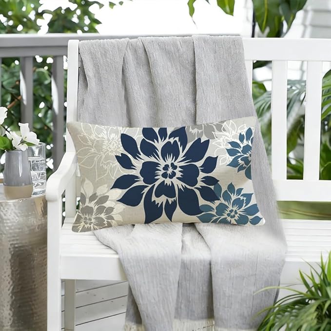 Waterproof Dark Blue Dahlia Floral Outdoor Pillow Covers 12x20 Inch, Decorative Spring Summer Cushion Cases for Living Room Sofa Patio Garden Porch