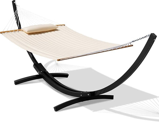 Lazy Daze Hammocks Outside Quilted Hammock with 13 FT Curved Steel Heavy Duty Stand and Pillow for Outdoor, Backyard, Patio, 450 Lbs Capacity, Cream