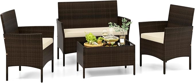 Tangkula 4 Piece Patio Rattan Conversation Set, Outdoor Wicker Furniture Set with Chair, Loveseat & Tempered Glass Table, Cozy Seat Cushions, Outside Sectional Sofa Set for Backyard, Porch (1, Beige)
