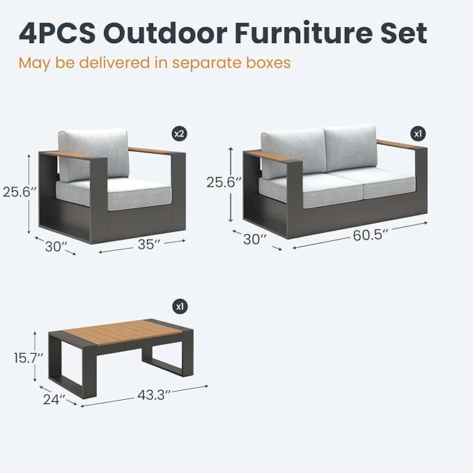 Aluminum Patio Furniture Set, 4 Seats Luxury Seating Furniture with Coffee Table, All Weather Outdoor Conversation Sets with 6" Thickened Cushions
