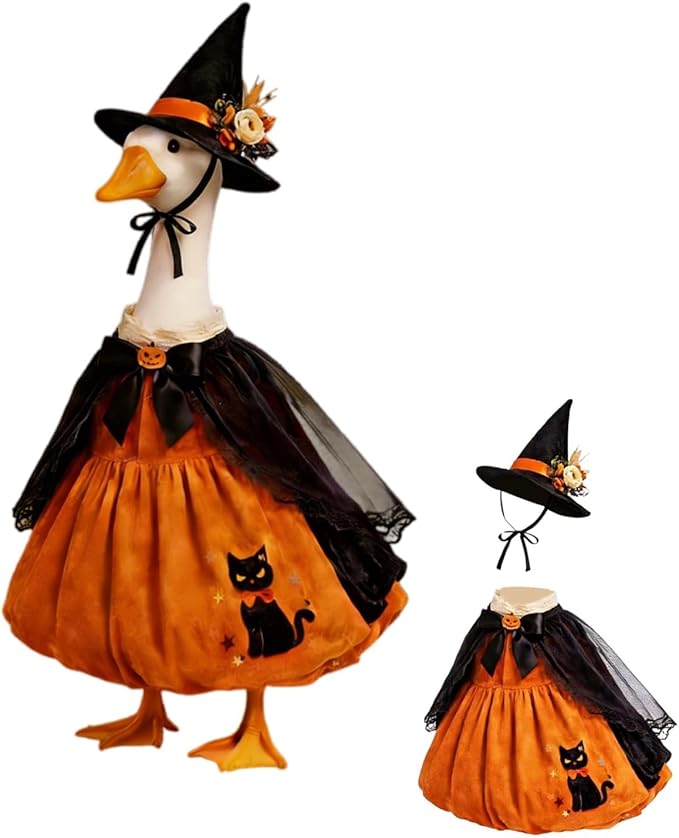 Old Lady Porch Goose Outfits Grandma Goose Clothes Glasses Curly Wig Floral Print Dress Cardign and Pearl Necklace,23'' Geese Statue Outdoor Patio Yard Lawn Decoration (Black)