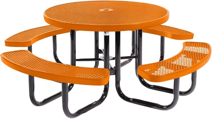 COATEDOUTDOORFURNITURE Heavy-Duty Portable Outdoor Picnic Table with Umbrella Hole, Expanded Metal Commercial-Grade Patio Dining Furniture Made in America (46" Round Top, Textured Orange)