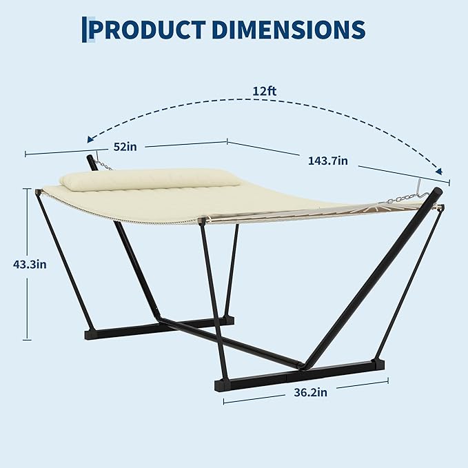 Heavy Duty 2 Person Double Hammock with Portable Adjustable Steel Stand, Outdoor Hammock with Pillow for Patio, Garden, Beach, Backyard Camping