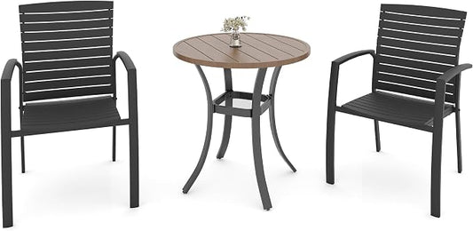 Anmutig 3 Piece Outdoor Dining Set 27.5" Brown Tabletop & 2 Aluminum Chairs | Aluminum Frame, Stackable Chairs, Resin Slat Seating, Round Metal Table, Storage Shelf, Easy Assembly, Patio, Balcony, Garden