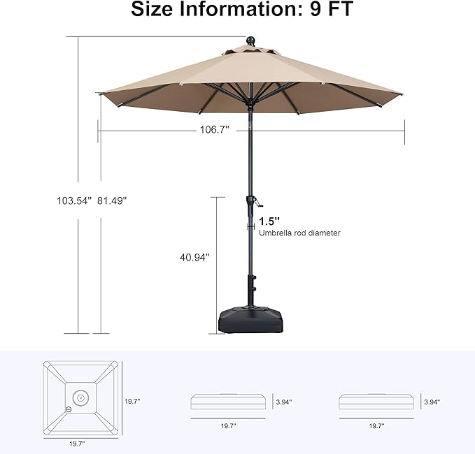 PURPLE LEAF 9' Round Patio Market Umbrella with Base Outdoor Table Umbrellas Aluminum Frame Sun Shade with 8 Sturdy Ribs Tilt for Garden Deck Lawn Pool Taupe