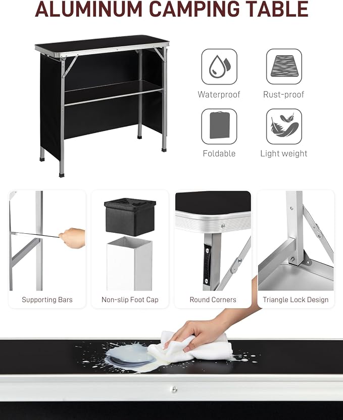 Outvita Portable Bar Table, Outdoor Folding Mobile Bar Counter with 2 Tier Shelves and Black Skirt for Wedding Party Birthday Commercial Activity Musical Festival 39 "L x 34" H