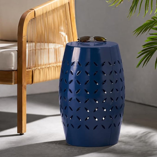 12" Outdoor Side Table, Decorative Cutout Metal Round Side Table, Multi Functional - Coffee Table, Night Stand, Plant Stand for Patio, Garden, Backyard, Gazebo Indoor (Navy)