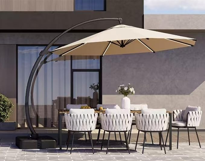 Kingdura 11ft Offset Cantilever Patio Umbrella with Solar Lights, Large Round Outdoor Umbrella with Base Included, Aluminum Frame, 360° Rotation & Infinite Tilt for Deck Pool Backyard, Champagne
