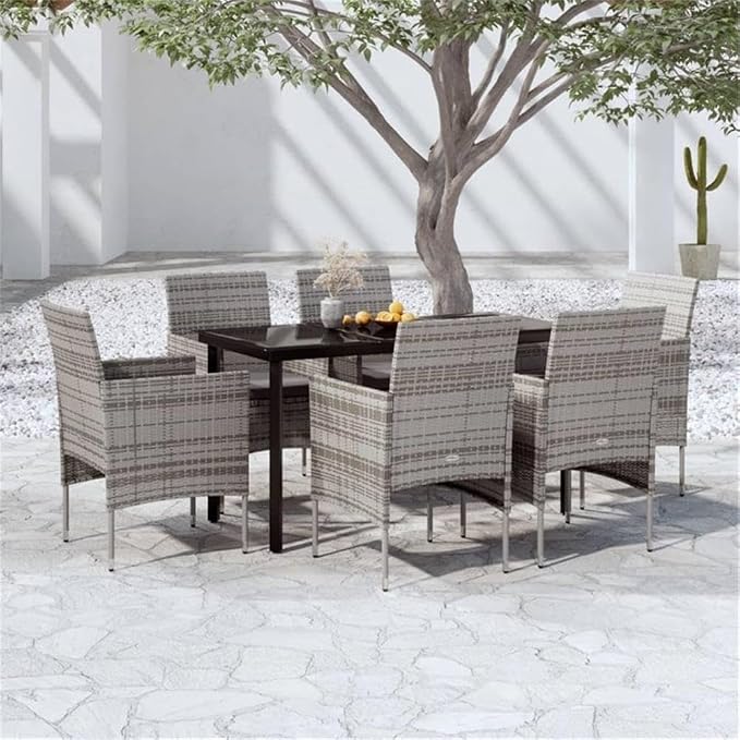 BOWERY HILL 7 Piece Outdoor Patio Dining Set, Glass Tabletop, Durable PE Rattan and Powder-Coated Steel, Gray and Black Finish, Weather-Resistant Garden Furniture for Terrace and Balcony