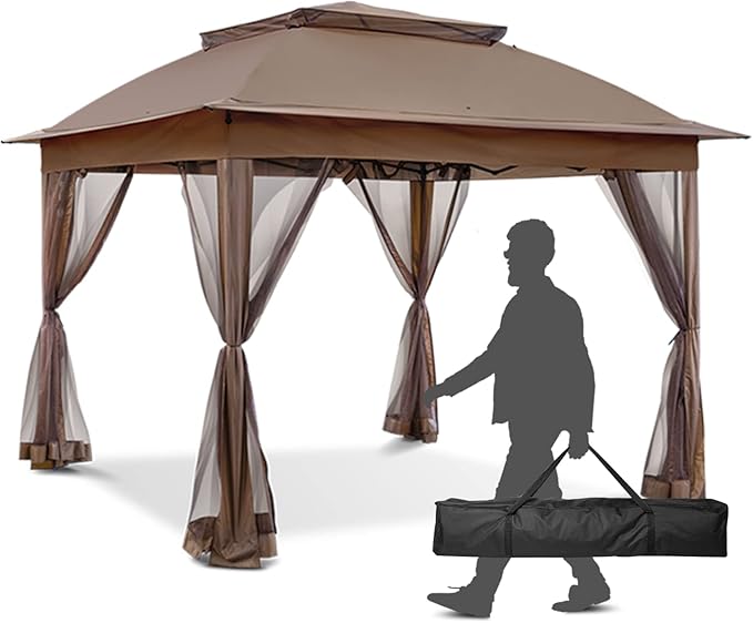 11x11 Pop Up Gazebo Tent with Mesh Netting, Instant Outdoor Canopy with UPF 50+ UV Protection, Water Resistant, Brown