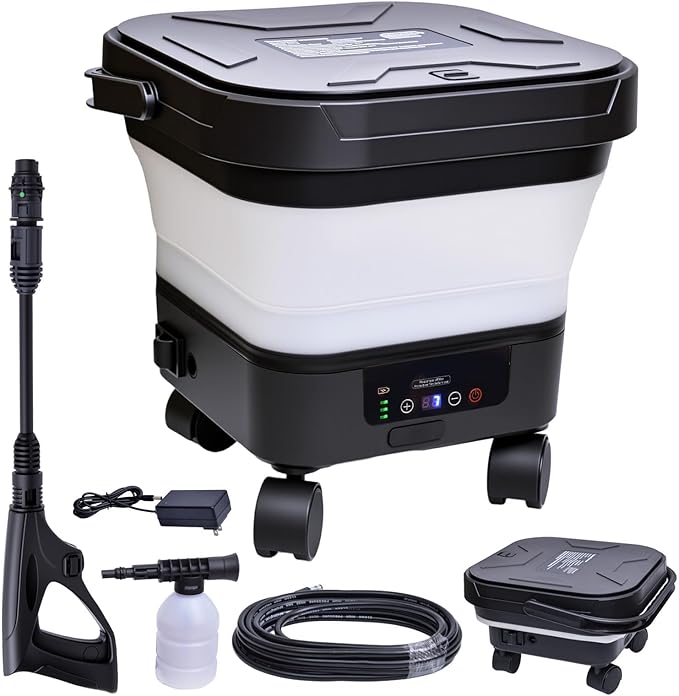Portable Cordless Washer with 3.4Gal Tank, 580PSI, 7-Level Adjustable Sprayer, 360° Rotating Nozzle, 23FT Hose, 20000mAh Battery, Foldable Design with Wheels for Car, Camping, Garden