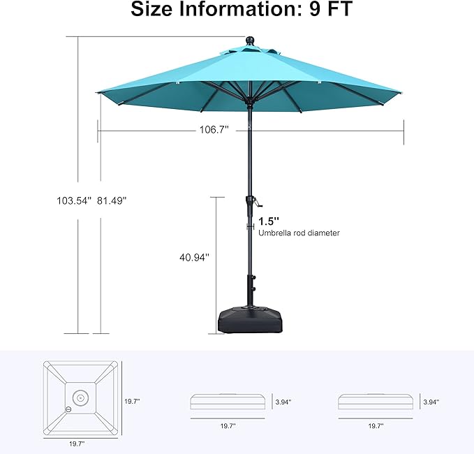 PURPLE LEAF 9' Round Patio Market Umbrella with Base Outdoor Table Umbrellas Aluminum Frame Sun Shade with 8 Sturdy Ribs Tilt for Garden Deck Lawn Pool Turquoise Blue
