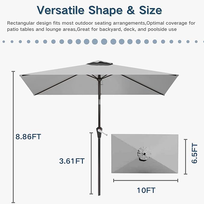 6.5'x10' Rectangular Patio Outdoor Umbrella,Large Coverage with Push-Button Tilt & UV Protection,Sturdy Ribs for Deck,Lawn,Pool,Backyard