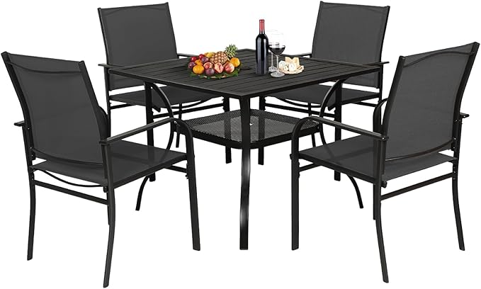 Incbruce 5 Pieces Patio Dining Set, Outdoor Dining Set of 4 Textilene Chairs and Square Table with Umbrella Hole for Backyard, Garden, and Poolside (Black)