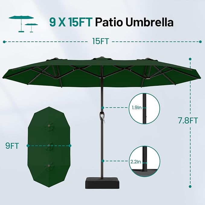 AreShark 15ft Patio Umbrella with Base, Double Sided Outdoor Umbrella with 12 Fiberglass Ribs, Large Outdoor Umbrella for Garden, Pool, Deck, Backyard & Market, Dark Green