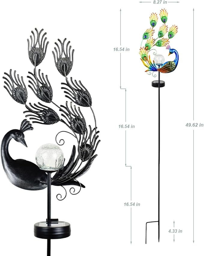 ARTER Solar Garden Stake Light, 50 Inches Tall Metal Peacock Outdoor Waterproof Decorative Solar Pathway Light with Bling Bling Jewels, LED Landscape Light for Yard Patio Lawn Poolside (Pack of 1)