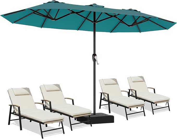 AreShark 15ft Patio Umbrella with Base, Double Sided Outdoor Umbrella with 12 Fiberglass Ribs, Large Outdoor Umbrella for Garden, Pool, Deck, Backyard & Market, Lake Blue