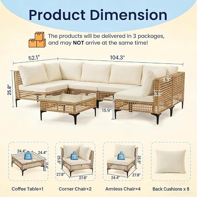 7 PCs Outdoor Patio Furniture All Weather Wicker Rattan Sectional Conversation Sofa Set w/Water Resistant Cushions, Coffee Table for Paito, Lawn, Garden, Beige