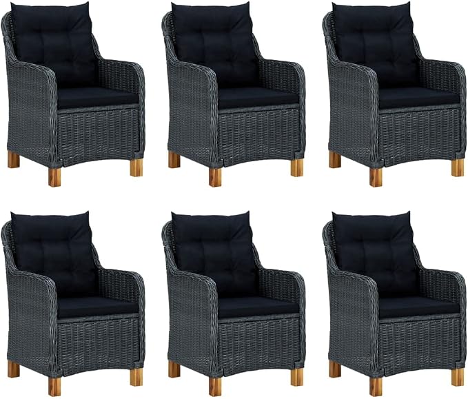 7 Piece Patio Dining Set with Cushions, Poly Rattan Dark Gray Outdoor Dining Table and Chairs, PE Rattan Patio Furniture Set with Removable Cushions, Rustic Acacia Wood Legs Garden Backyard Balcony
