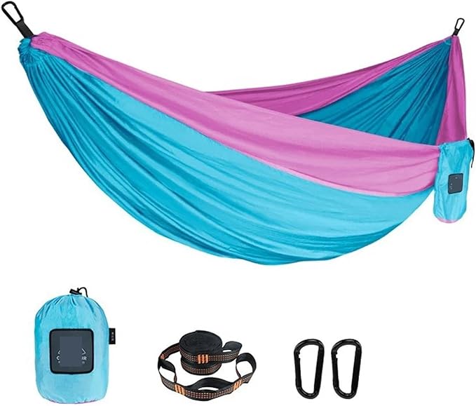 Hammock Portable Nylon Parachute Fabric Single and Double Size Outdoor Camping Hiking Garden Hammock Quick-Opening(Double Blue Pink)
